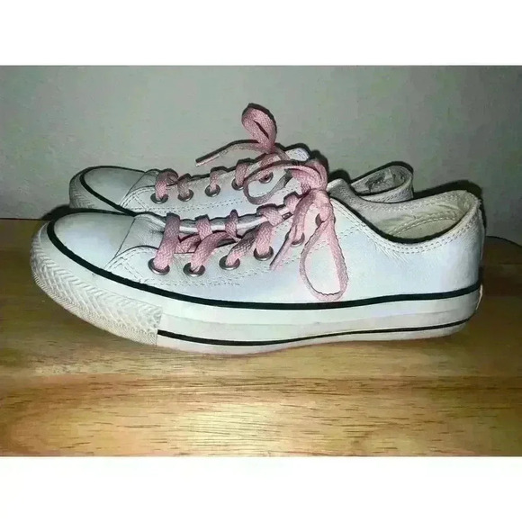 Converse All Start White Leather Lop Tops‎ with Pink Laces Mens sz 5 Womens sz 7 - Picture 5 of 12